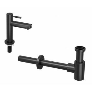 INK Combi set 1B mat zwart bestaande uit fonteinkraan staand laag model sprong 95mm en designsifon