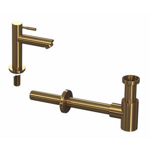 INK Combi set 1B brushed mat goud bestaande uit fonteinkraan staand laag model sprong 95mm en designsifon