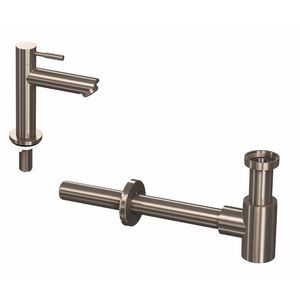 INK Combi set 1B brushed nickel bestaande uit fonteinkraan staand laag model sprong 95mm en designsifon