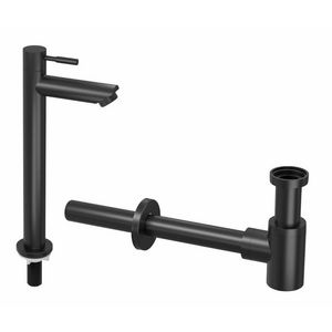 INK Combi set 2b mat zwart bestaande uit fonteinkraan staand hoog model h=277mm sprong 95mm en designsifon