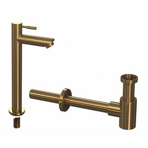 INK Combi set 2b brushed mat goud bestaande uit fonteinkraan staand hoog model h=277mm sprong 95mm en designsifon