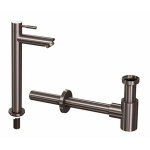 INK Combi set 2b metal black bestaande uit fonteinkraan staand hoog model h=277mm sprong 95mm en designsifon