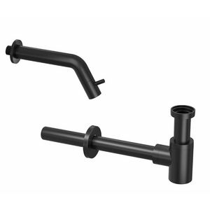 INK Combi set 3B mat zwart bestaande uit fontein wandkraan 180mm inkortbaar (min. 100mm) en designsifon