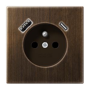 Wandcontactdoos penaarde + lader LS messing antiek USB A+C