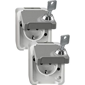 Set van 2 opbouw wandcontactdozen afsluitbaar identieke sloten grijs Merten AQUASTAR IP44