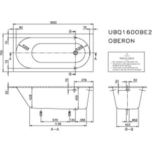 Oberon 4-H ligbad 160x75cmx450mm wit quaryl met badpoten