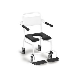 Douche/toiletstoel hoog zacht gesloten voorzijde gecoat staal wit verrijdbaar+voetsteun