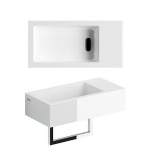 Flush 3 fontein 36cm met voorbewerkt kraangat rechts glans wit mineral marmer incl. afvoerplug+handdoekhouder.+bevestigingsset