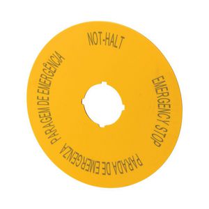 Schild Nood-Hold D=90mm geel 4-talig (duits, engels, frans, spaans, portugees DE EN ES PT) VVE=10