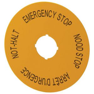 Schild Nood-Hold D=90mm geel 4-talig (duits, engels, nederlands, frans DE EN NL FR)