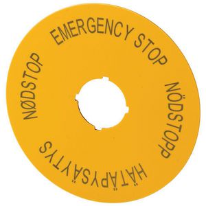 Schild NOOD-HOLD D=90mm geel 4-talig (engels, zweeds, fins, deens EN SV FI DA)