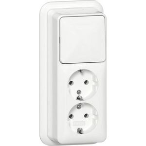 Combi uit-wis/2-voudig wandcontactdoos met randaarde verticaal + K/P Opbouw zuiver wit