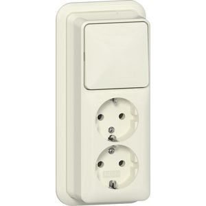 Combi uit-wis/2-voudig wandcontactdoos met randaarde verticaal + K/P Opbouw creme wit