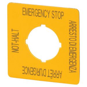 Schild Nood-Hold 50x50mm geel 4-talig (duits, engels, frans, italiaans DE, EN, FR, IT) VVE=10