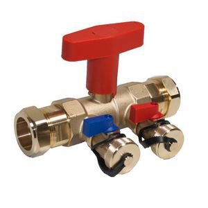 Spoel- en vul/aftapkraan solar/geothermie 28mm knel + 2x aansluiting 3/4" met stop (kleine blauwe hendel)