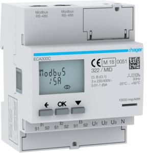 Elektriciteitsmeter kWh 3F via CT 1A 5A 4 mod. Modbus RJ45