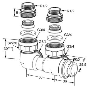 H-onderblok Vekolux G3/4"bu, Rp1/2"bi ha 1/2" 2-pijps +aftap