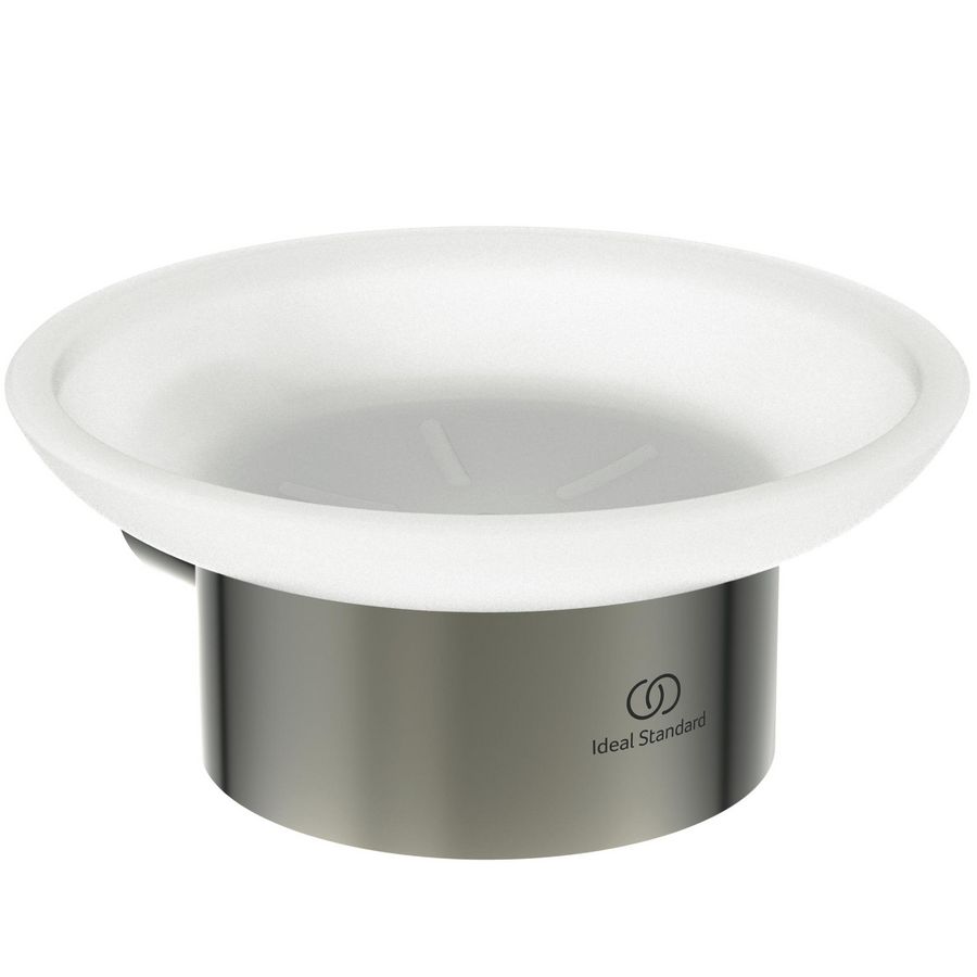 zeepschaal rond van gesatineerd glas m houder silver storm (rvs look) T