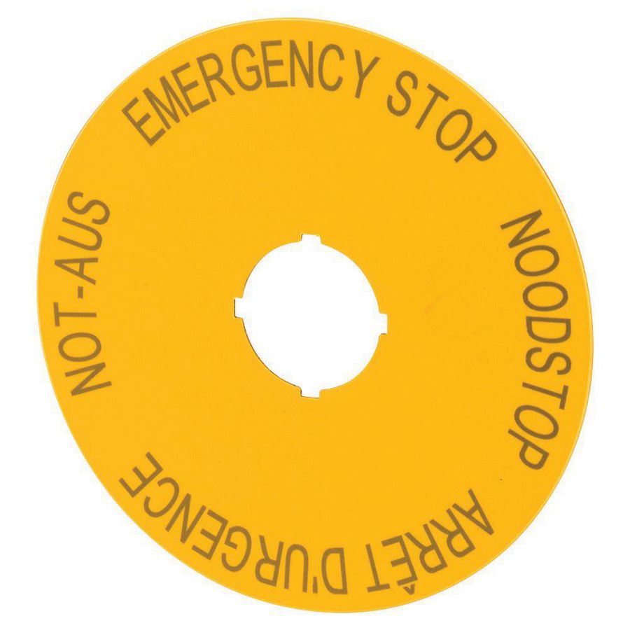 Schild Nood-Uit geel D=90mm 4-talig (duits, engels, nederlands, frans DE EN NL FR) VVE=10