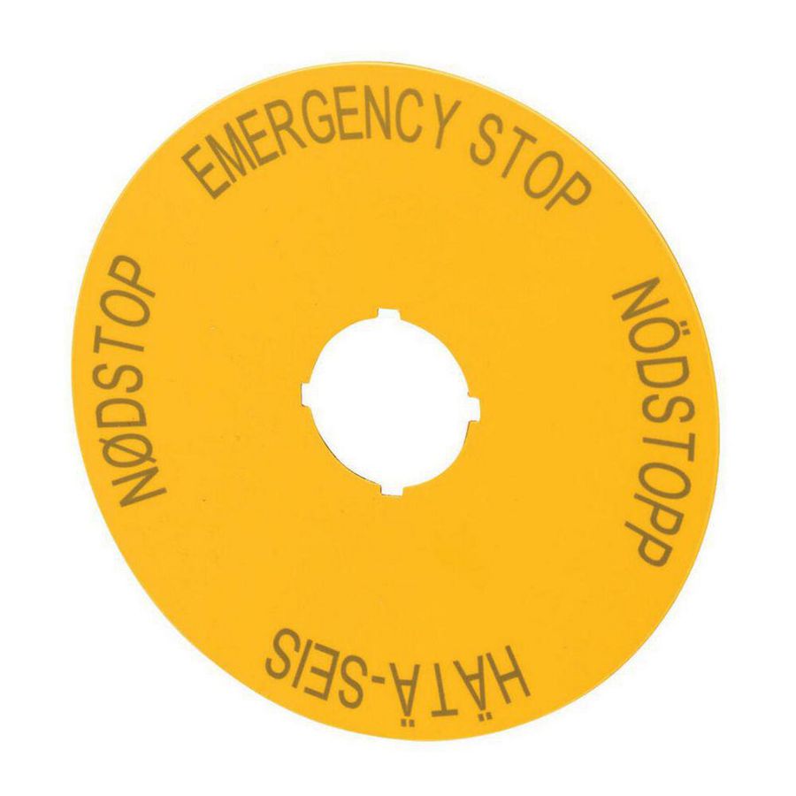 Schild Nood-Uit geel D=90mm 4-talig (engels, zweeds, fins, deens EN SV FI DA) VVE=10