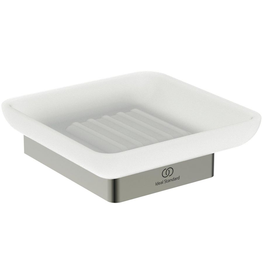 zeepschaal rechthoekig van gesat. glas m houdsilver storm (rvs look) T4