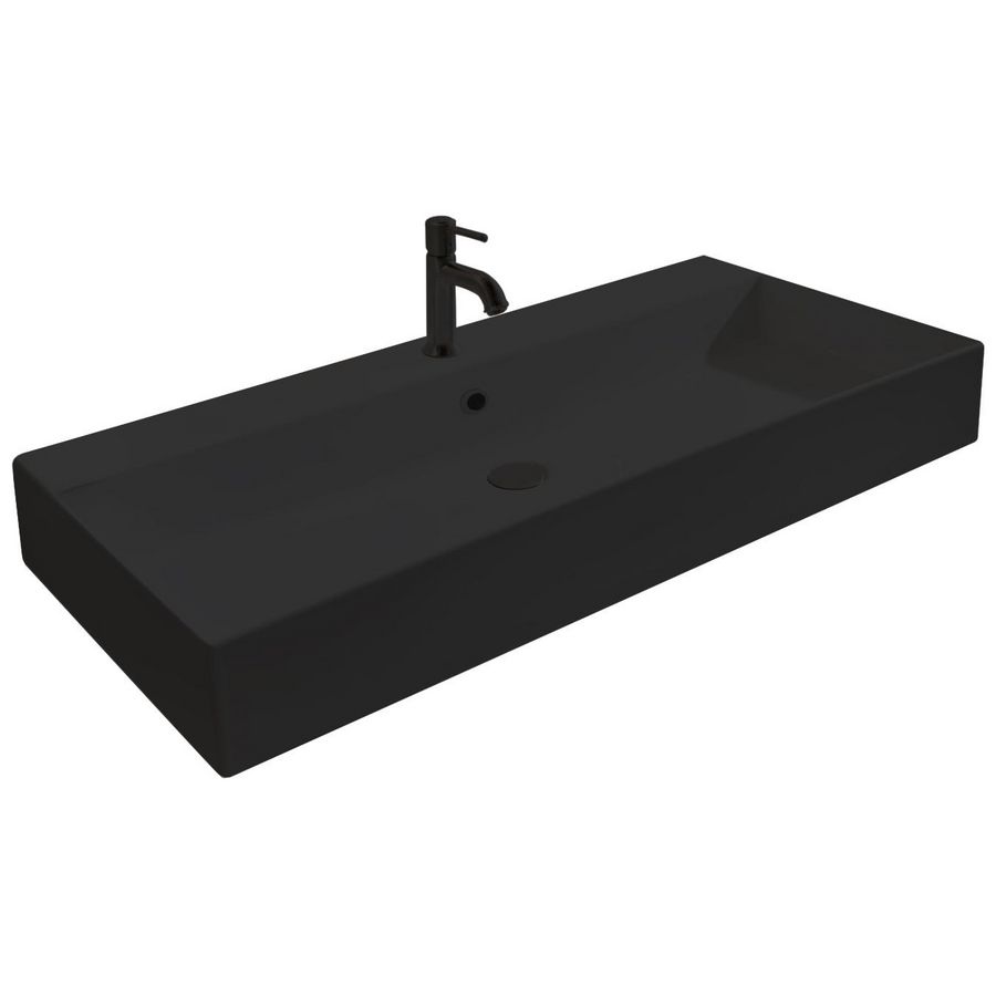 Wastafel 26 keramiek mat zwart 91cm 1x kom met kraangat