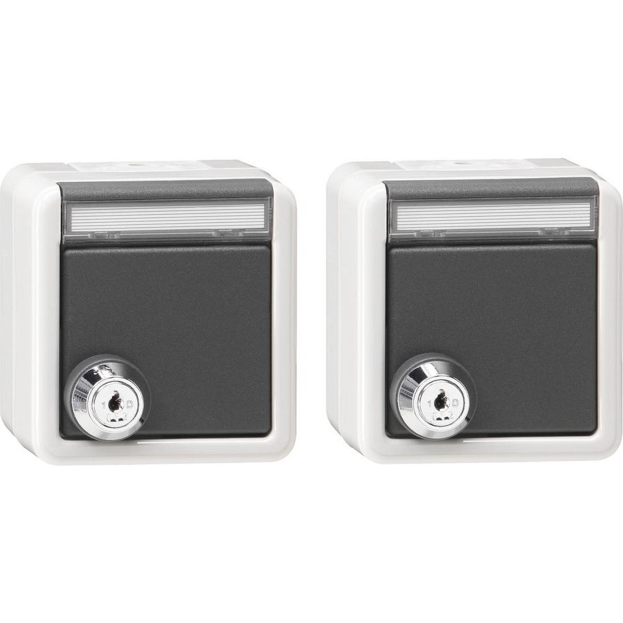 Set 2x wandcontactdoos met randaarde KD slot gelijk. + TK spatwaterdicht opbouw grijs