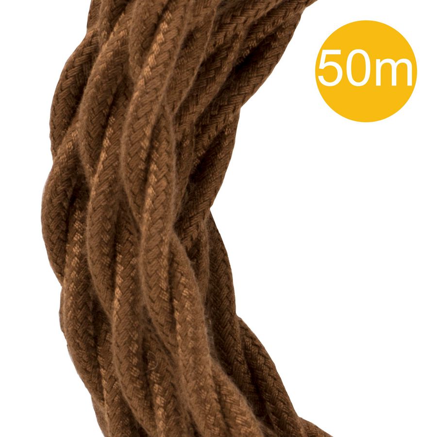 Lengte a 50m. Textielsnoer gedraaid 3C 3x0,75mm² bruin