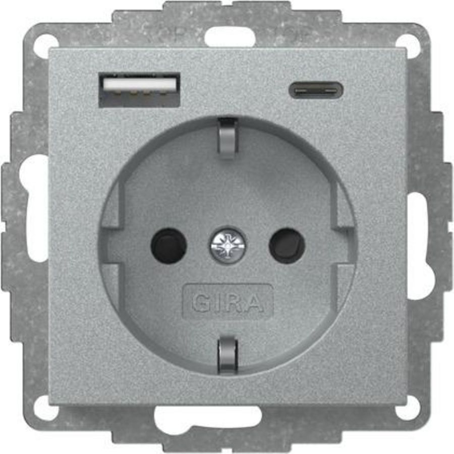 wandcontactdoos met randaarde Safety Plus USB-voeding 2-voudig type A/C System 55 kl.alum.