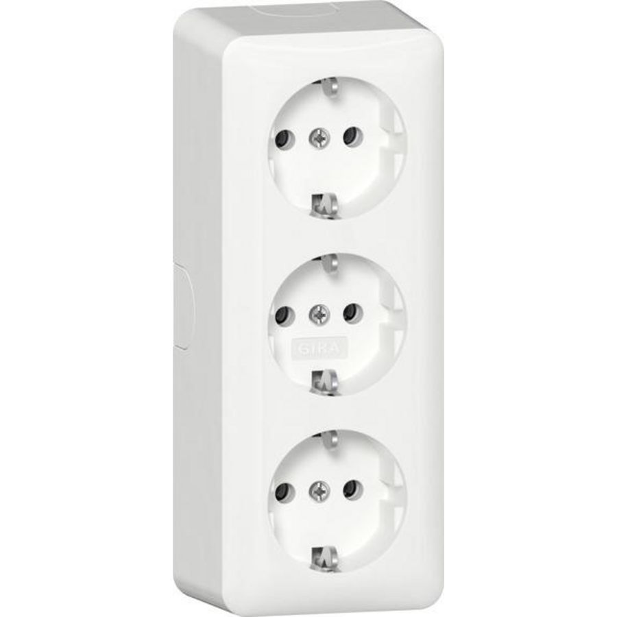 3-voudig wandcontactdoos met randaarde + montagepl. Opbouw zuiver wit