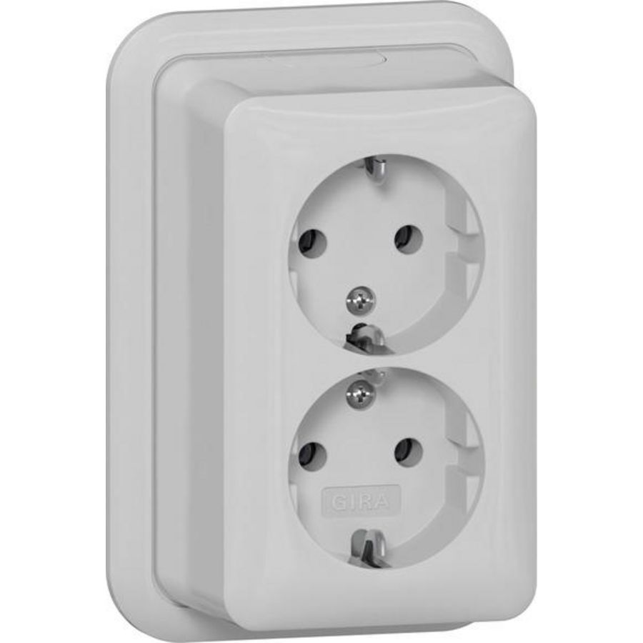2-voudig wandcontactdoos met randaarde + K/P Opbouw grijs