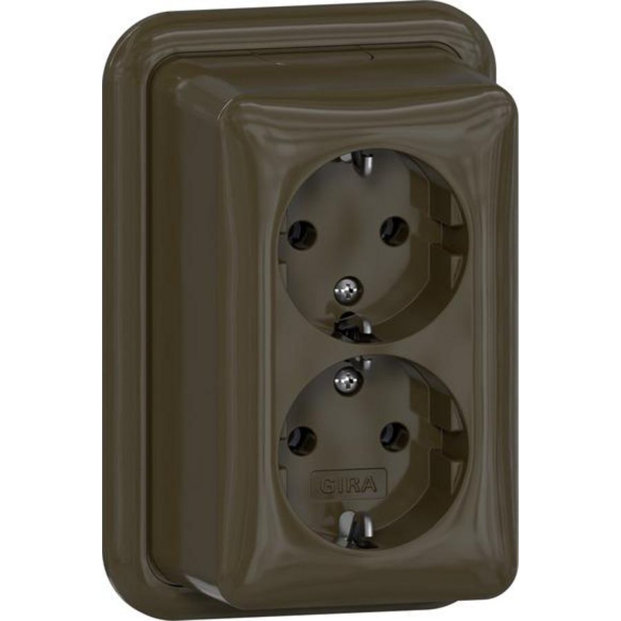2-voudig wandcontactdoos met randaarde + K/P Opbouw bruin