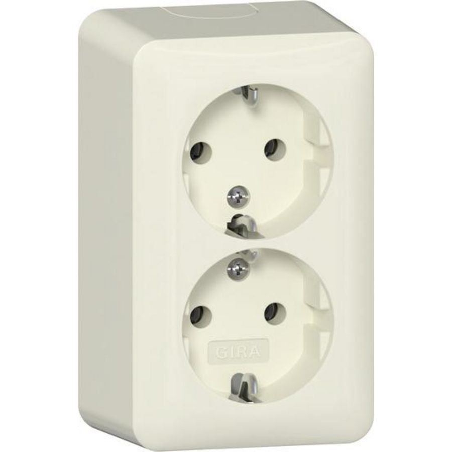 2-voudig wandcontactdoos met randaarde + montageplaat Opbouw creme wit