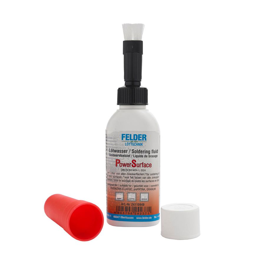 Fles 0,1kg soldeervloeistof v. zink POWERSURFACE universeel tbv prePATINA graphite-grey, GRANUM skygrey en basalte