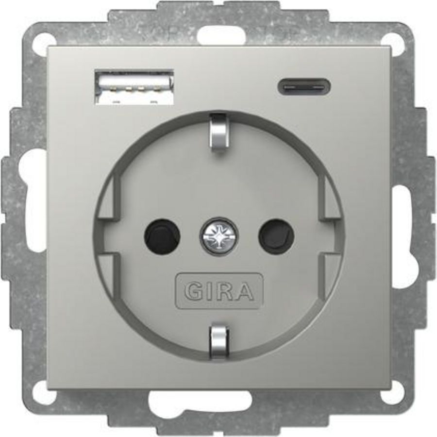 wandcontactdoos met randaarde Safety Plus USB-voeding 2-voudig type A/C System 55 edelstaal(gel.)