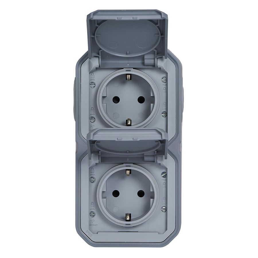 Wandcontactdoos RA 2V verticaal compleet grijs Plexo