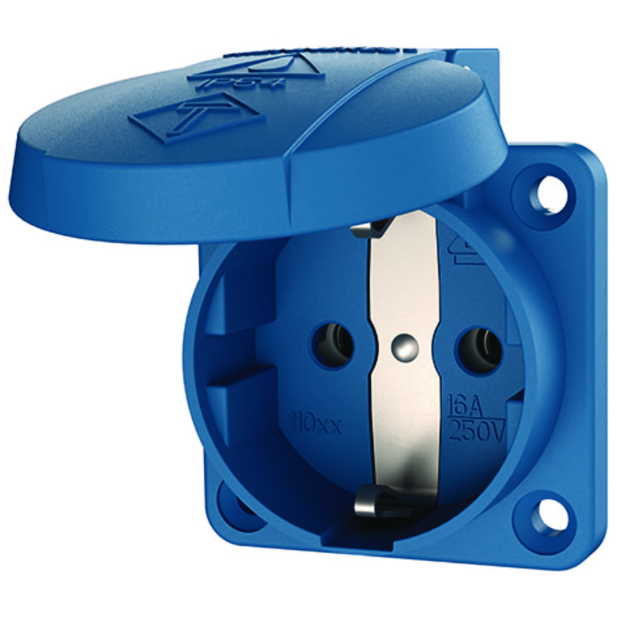Inbouwwandcontactdoos 16A 2P+A 230V IP54 SCHUKO blauw
