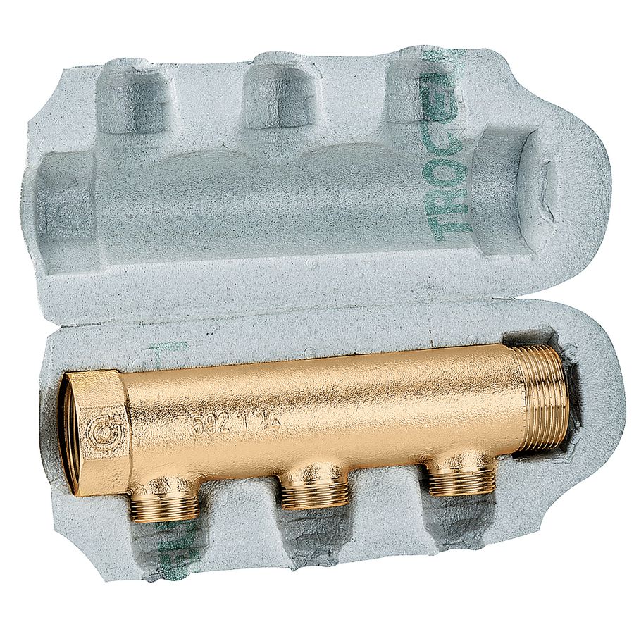 Modulaire verdeler 1.1/2" 2-groeps L=230mm aansl. 3/4" Euroconus incl. isolatie