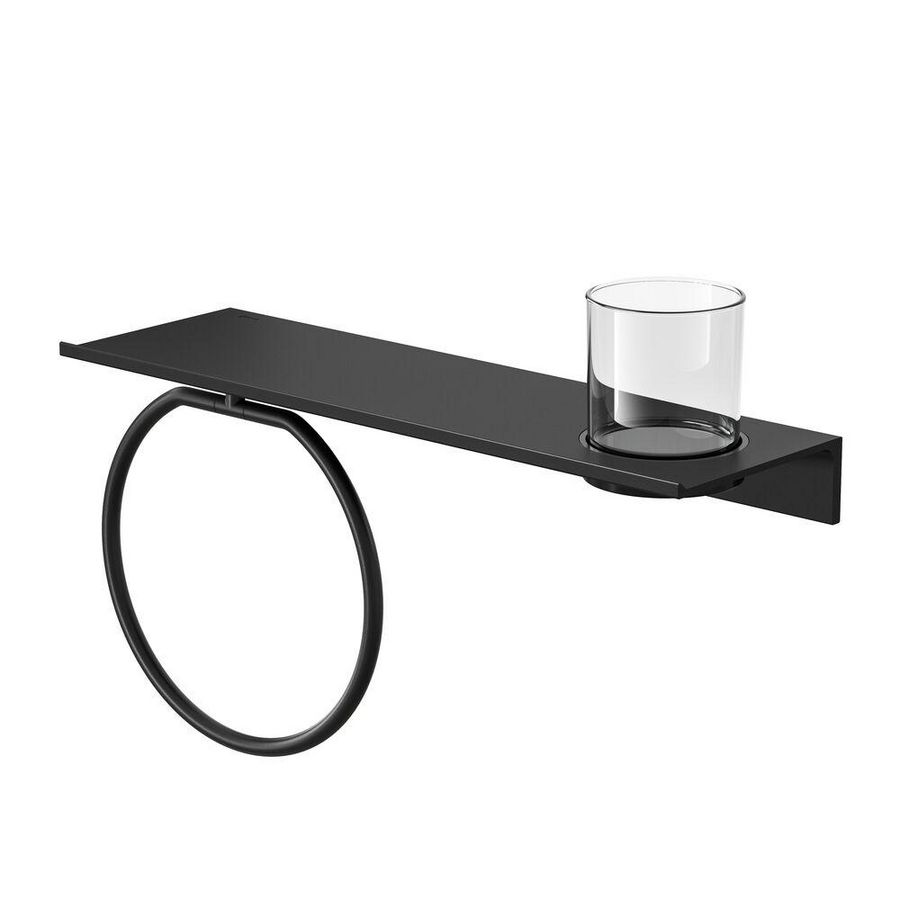 Planchet metaal 400mm met handdoekring+drinkglas Black LEEV