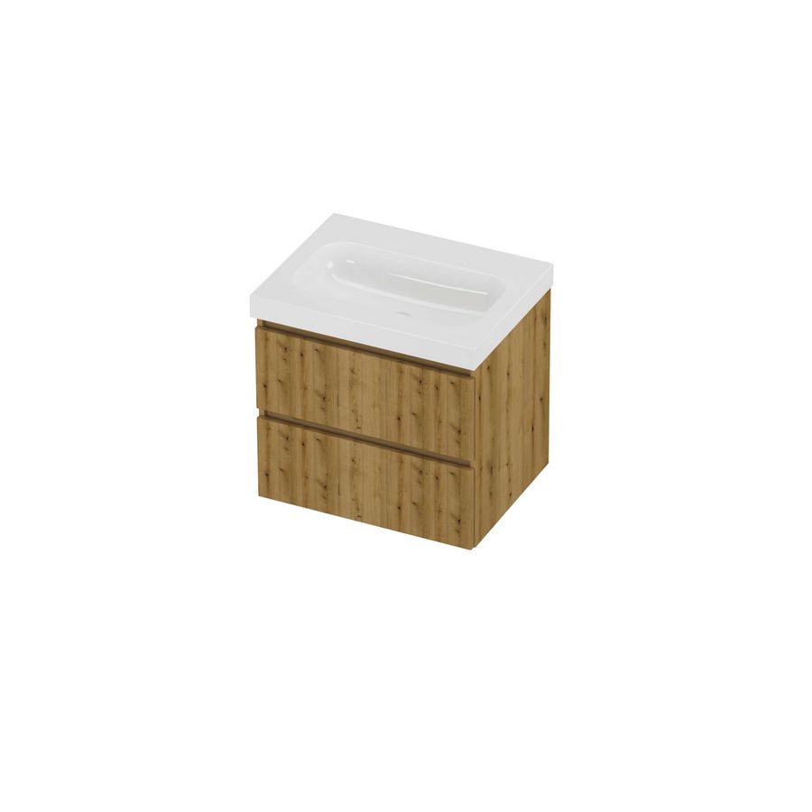 Haga Set polystone Mezza wastafel zonder kraangat en onderkast symmetrisch gefreesd 600x460x580mm glans wit/Urban oak