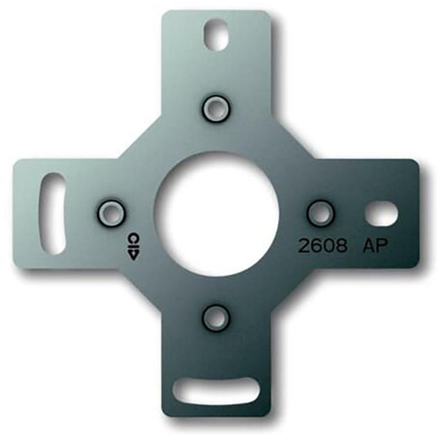 Metalen adapter voor montage van AP materiaal op inbouwlasdoos en op standaard inbouwdoos met M4-schroefdraad.