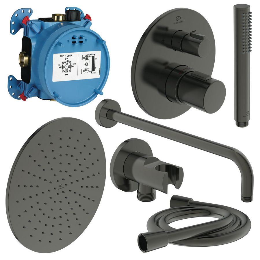 Complete inbouwset Showerpower pack thermostatisch Idealrain/CERATHERM T100 rond magnetic grey