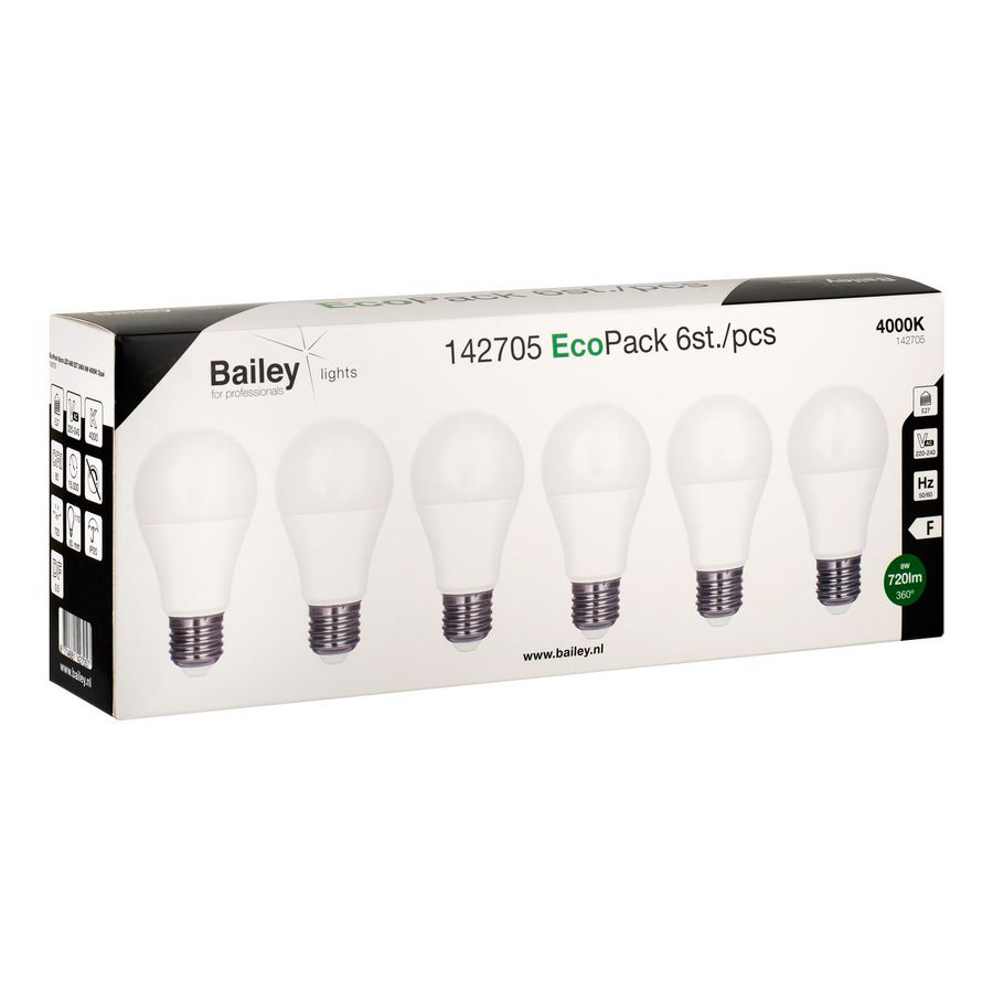 Doos a 6st. LED-lamp EcoPack A60 E27 8W 55W 720lm 840 opaal