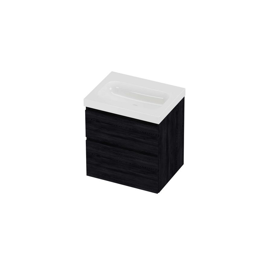 Haga Set polystone Mezza wastafel zonder kraangat en onderkast a-symmetrisch 600x460x660mm glans wit/Black oak