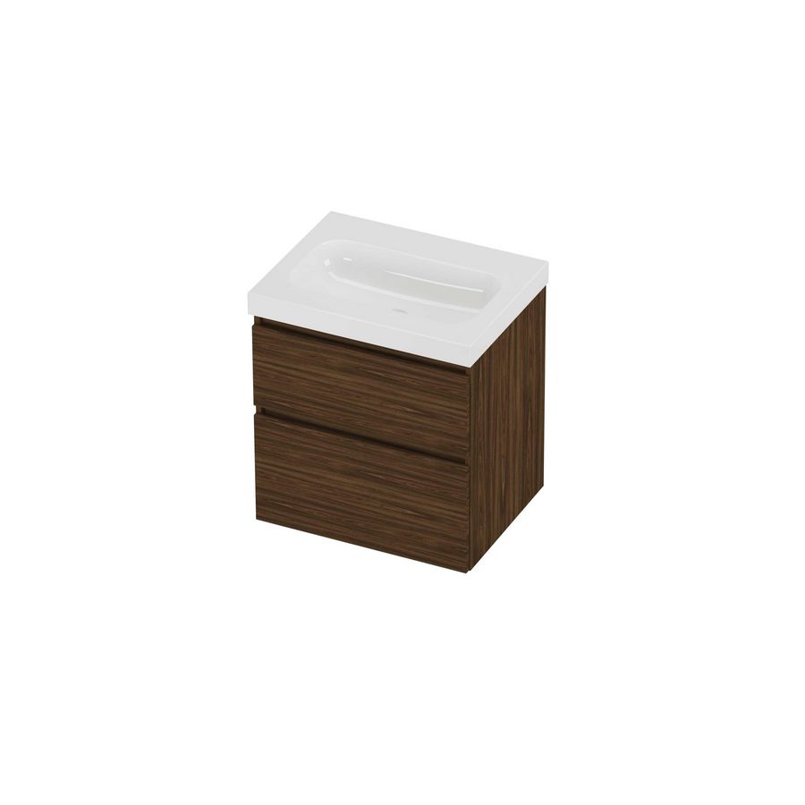 Haga Set polystone Mezza wastafel zonder kraangat en onderkast a-symmetrisch 600x460x660mm glans wit/Cabana oak