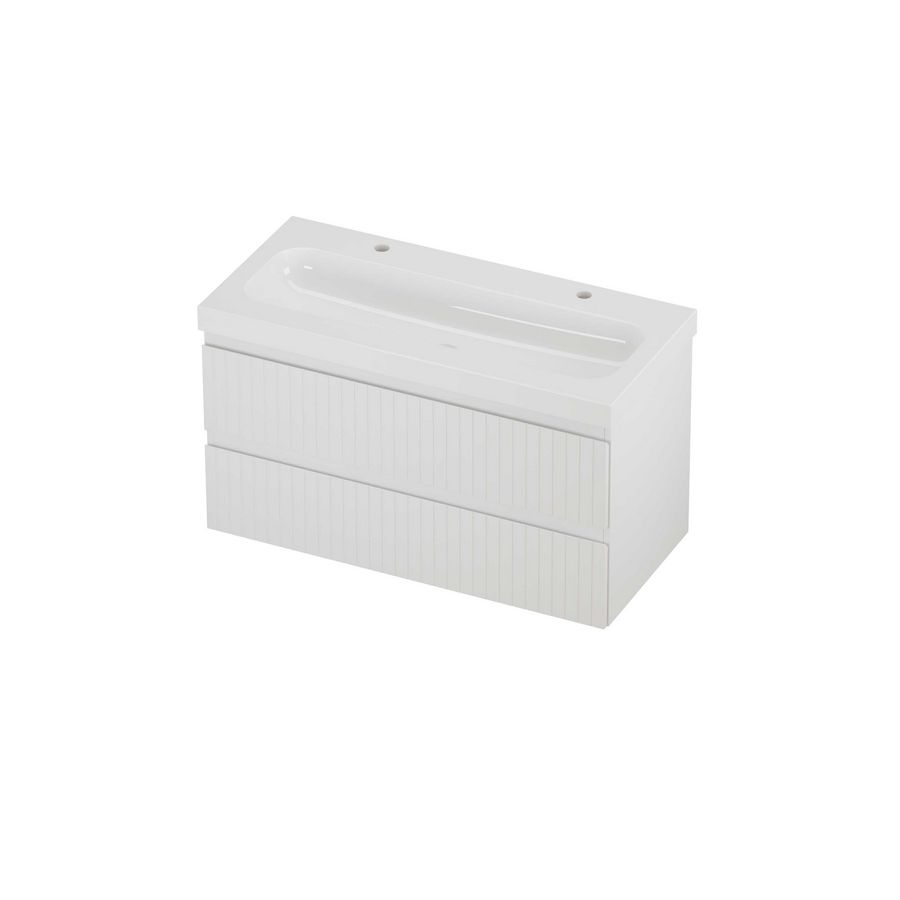 Haga Set polystone Mezza wastafel met 2 kraangaten en onderkast symmetrisch gefreesd 1000x460x580mm glans wit/mat wit