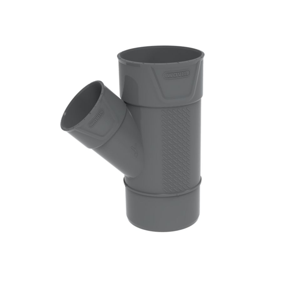 PVC+ lijm T-stuk verlopend 45° grijs 110x40mm mof/mof/spie
