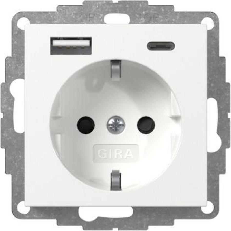 wandcontactdoos met randaarde Safety Plus USB-voeding 2-voudig type A/C System 55 zuiver wit