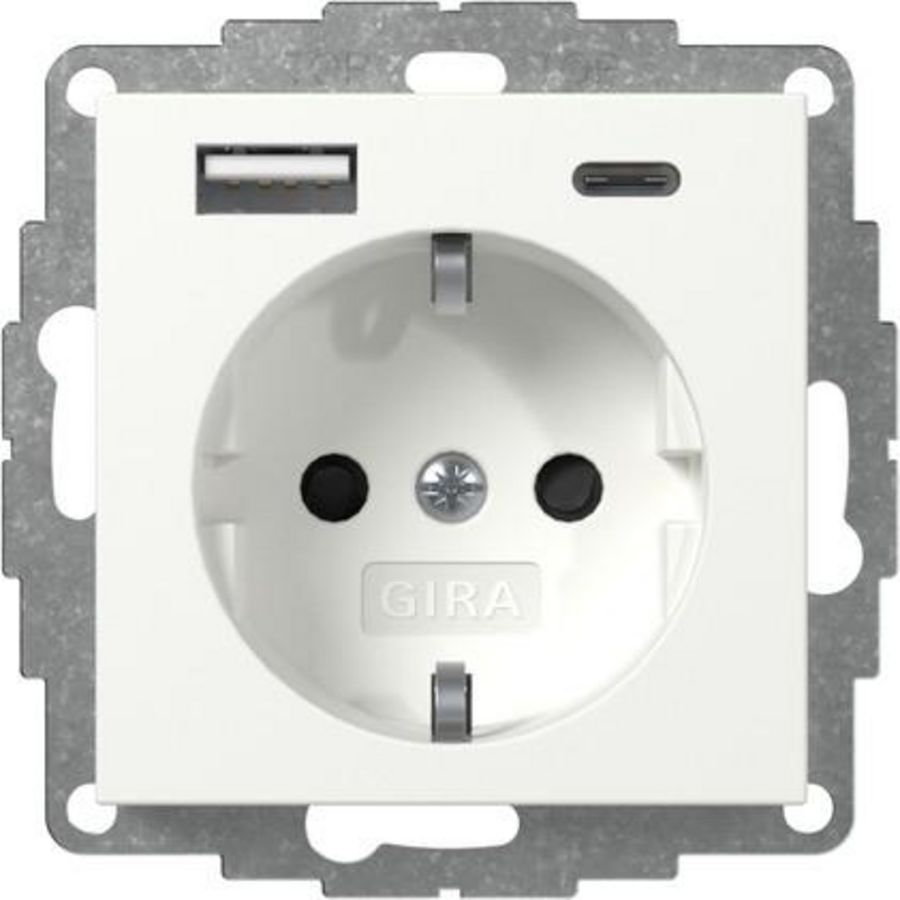 wandcontactdoos met randaarde Safety Plus USB-voeding 2-voudig type A/C System 55 zuiver wit m