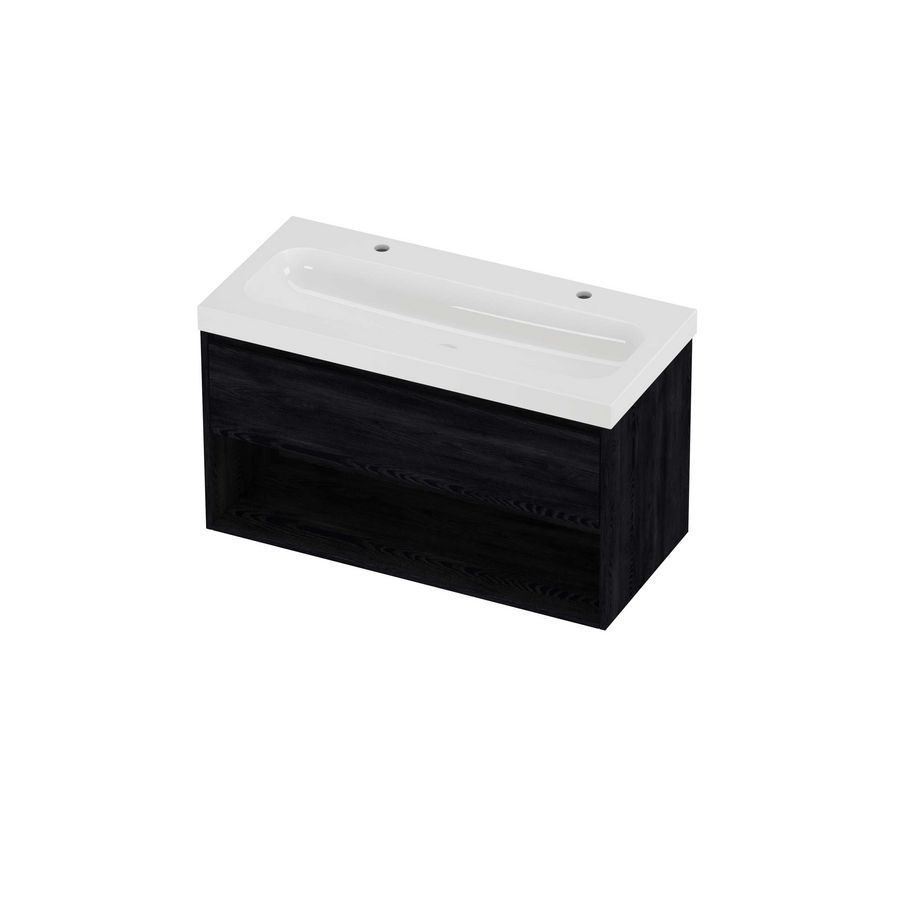 Haga Set polystone Mezza wastafel met 2 kraangaten en onderkast met schap 1000x460x580mm glans wit/Black oak